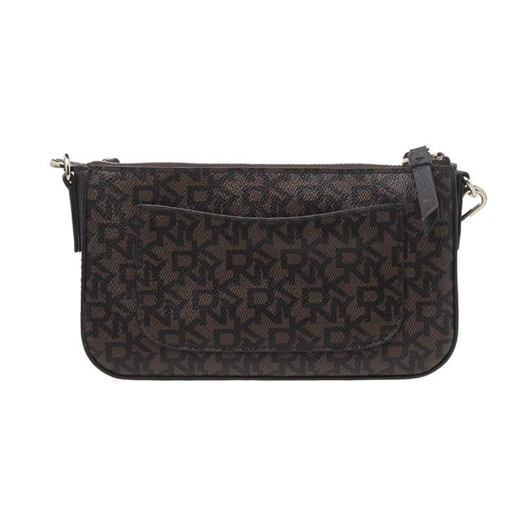 Pre Owned DKNY Dark Brown Coated Canvas And Leather Zip Crossbody Bag