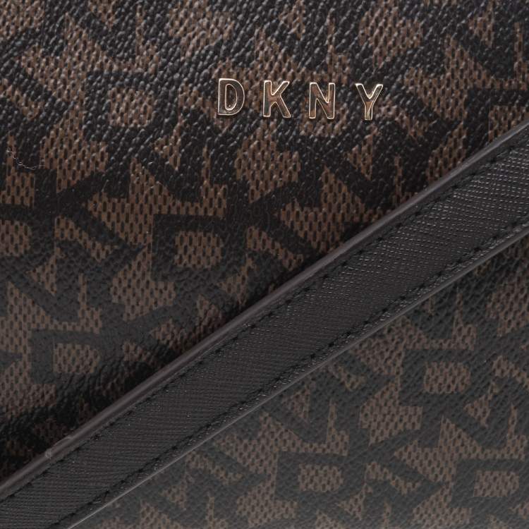 Pre Owned DKNY Dark Brown Coated Canvas And Leather Zip Crossbody Bag