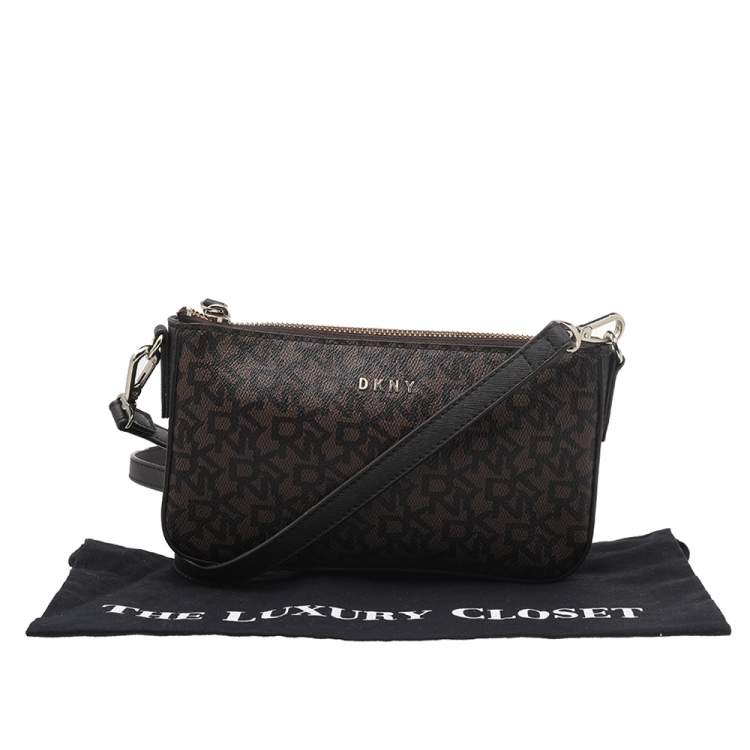Pre Owned DKNY Dark Brown Coated Canvas And Leather Zip Crossbody Bag