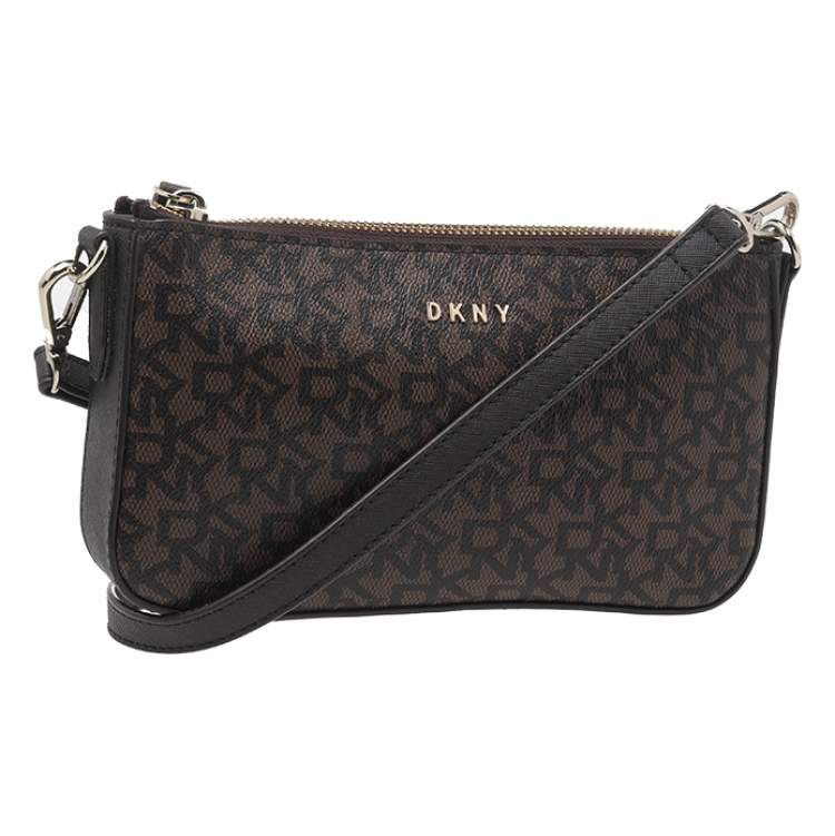 Pre Owned DKNY Dark Brown Coated Canvas And Leather Zip Crossbody Bag