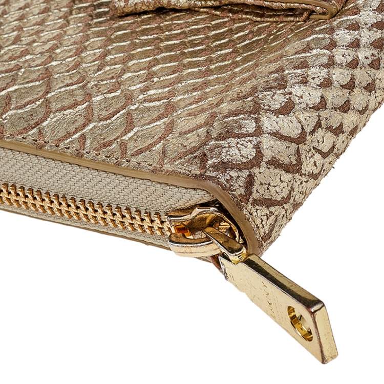 Pre Owned DKNY Metallic Gold Python Embossed Leather Zip Around Wallet