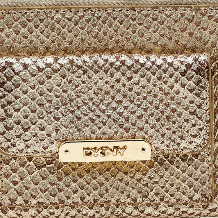 Pre Owned DKNY Metallic Gold Python Embossed Leather Zip Around Wallet