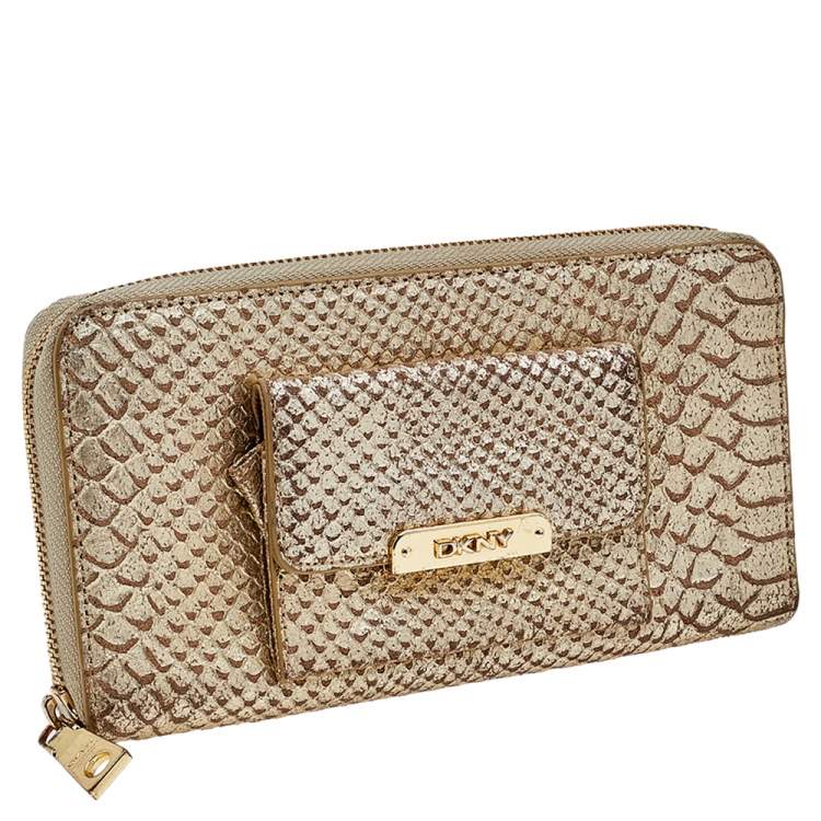 Pre Owned DKNY Metallic Gold Python Embossed Leather Zip Around Wallet