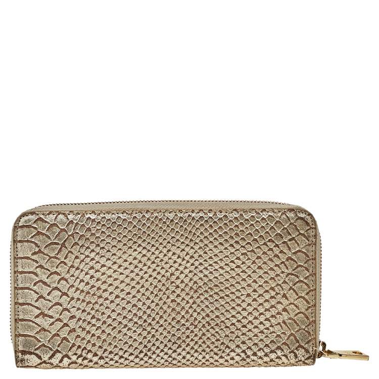 Pre Owned DKNY Metallic Gold Python Embossed Leather Zip Around Wallet