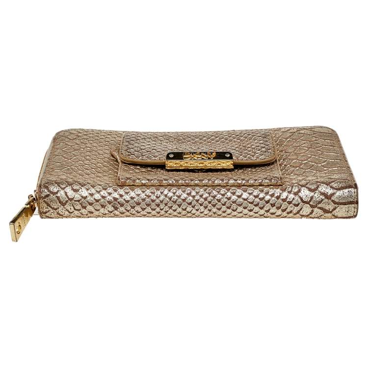 Pre Owned DKNY Metallic Gold Python Embossed Leather Zip Around Wallet