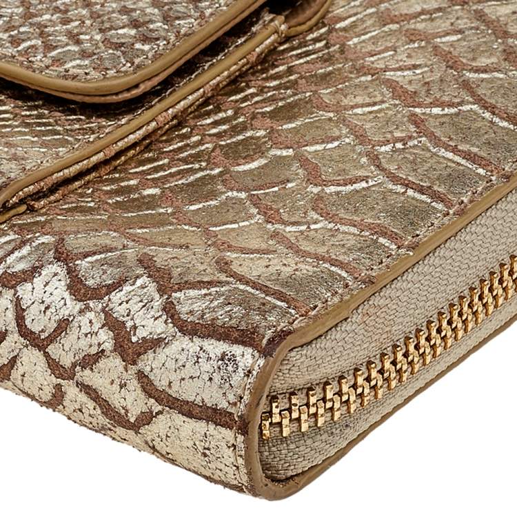 Pre Owned DKNY Metallic Gold Python Embossed Leather Zip Around Wallet