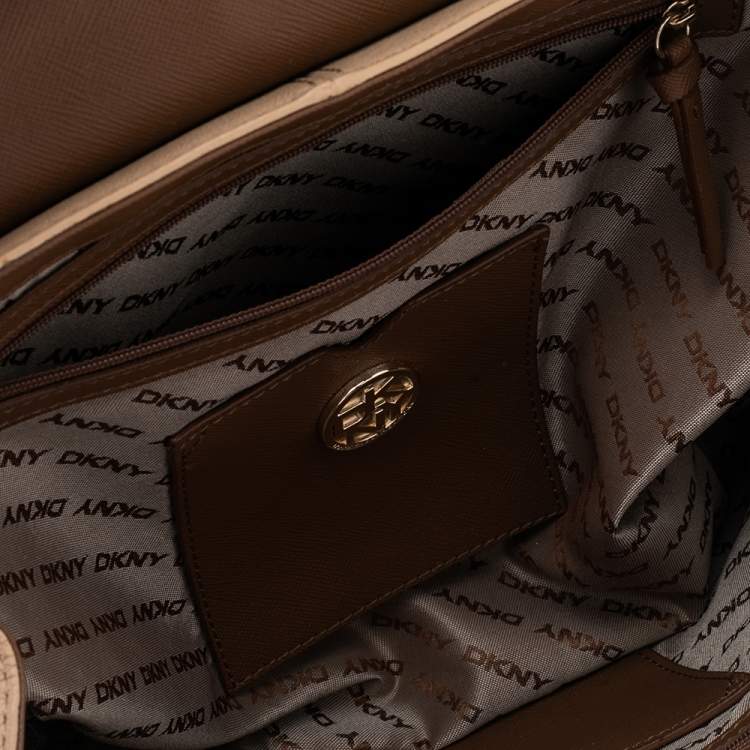 Pre Owned Dkny Beige Leather Whipstitch Flap Top Handle Bag