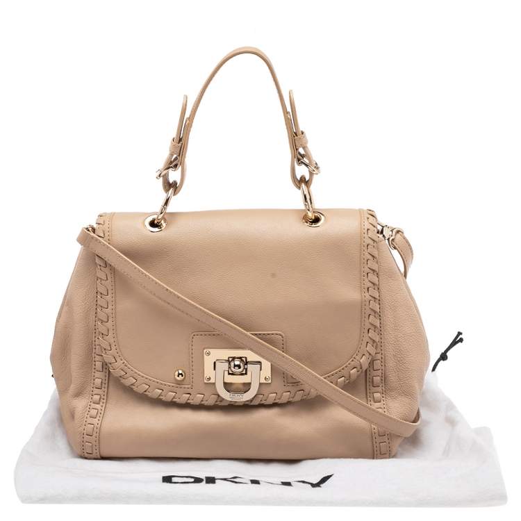 Pre Owned Dkny Beige Leather Whipstitch Flap Top Handle Bag