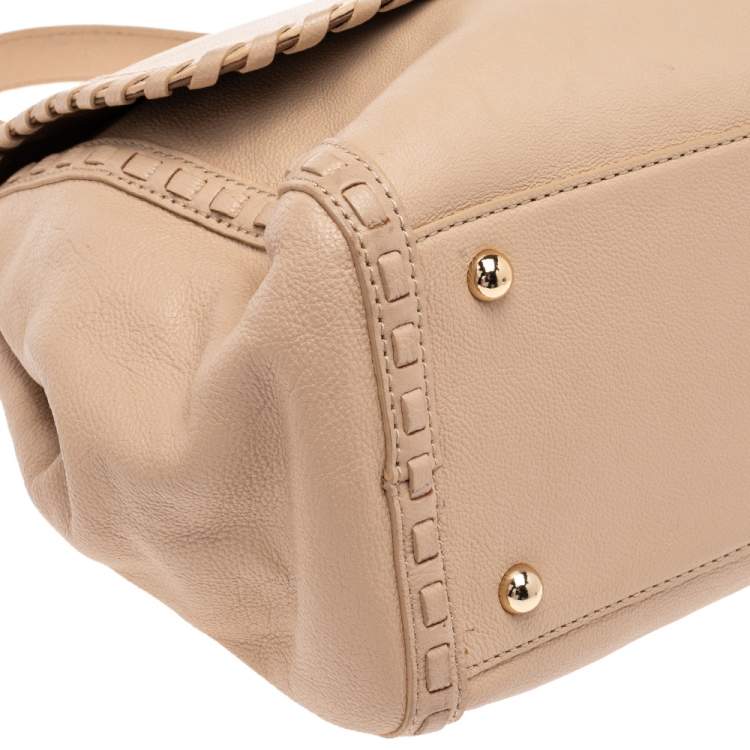 Pre Owned Dkny Beige Leather Whipstitch Flap Top Handle Bag