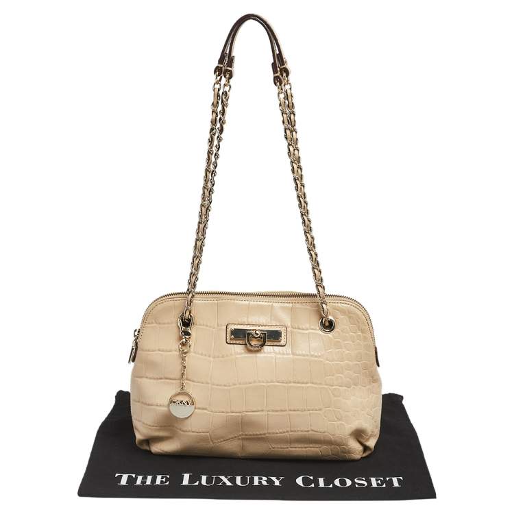 Pre Owned DKNY Beige Croc Embossed Leather Chain Shoulder Bag
