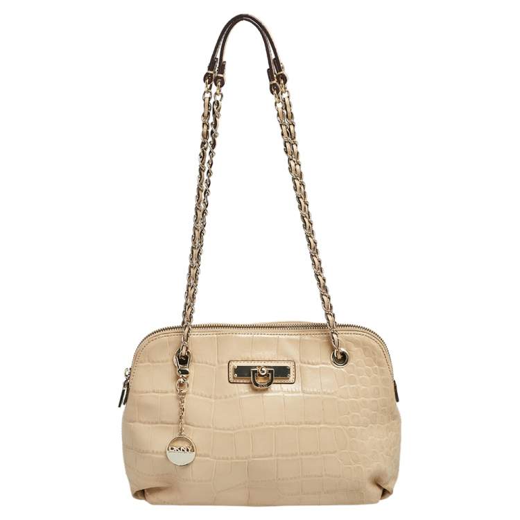 DKNY Beige Croc Embossed Leather Chain Shoulder Bag Dkny | The Luxury Closet