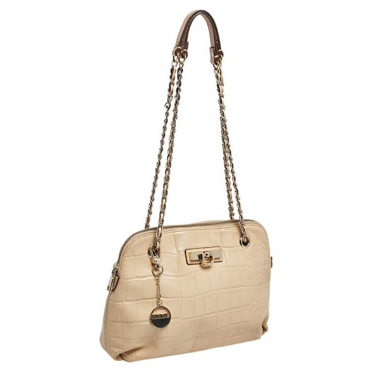 Pre Owned DKNY Beige Croc Embossed Leather Chain Shoulder Bag