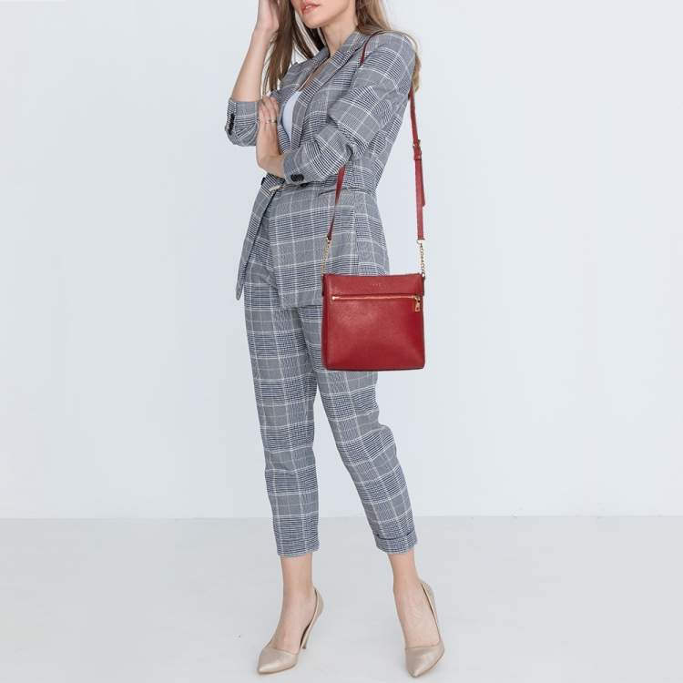 Pre Owned DKNY Red Saffiano Leather Top-Zip Crossbody Bag