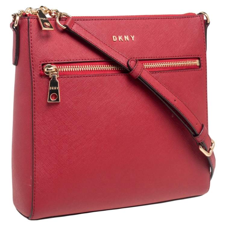 Pre Owned DKNY Red Saffiano Leather Top-Zip Crossbody Bag