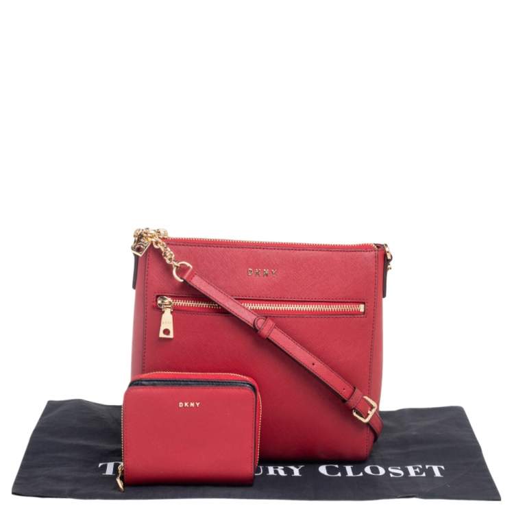 Pre Owned DKNY Red Saffiano Leather Top-Zip Crossbody Bag