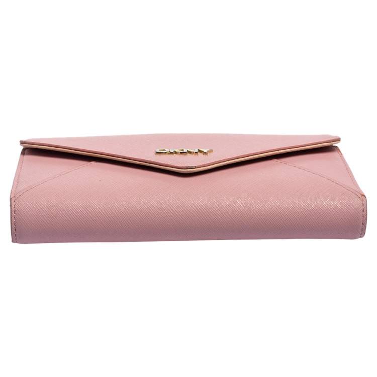 Pre Owned Dkny Pink Saffiano Leather Envelope Flap Wallet