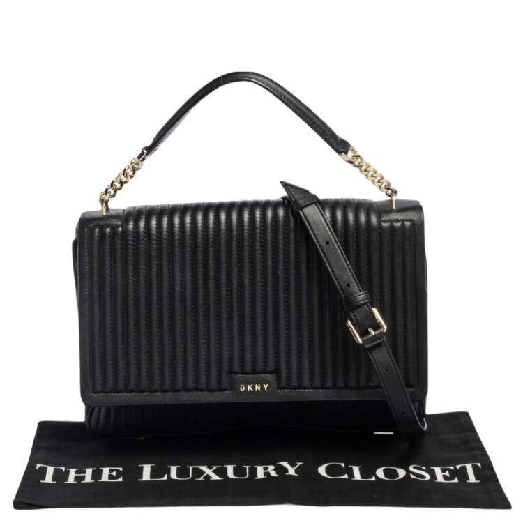 Pre Owned  DKNY Black Pinstripe Quilted Leather Large Gansevoort Flap Shoulder Bag 