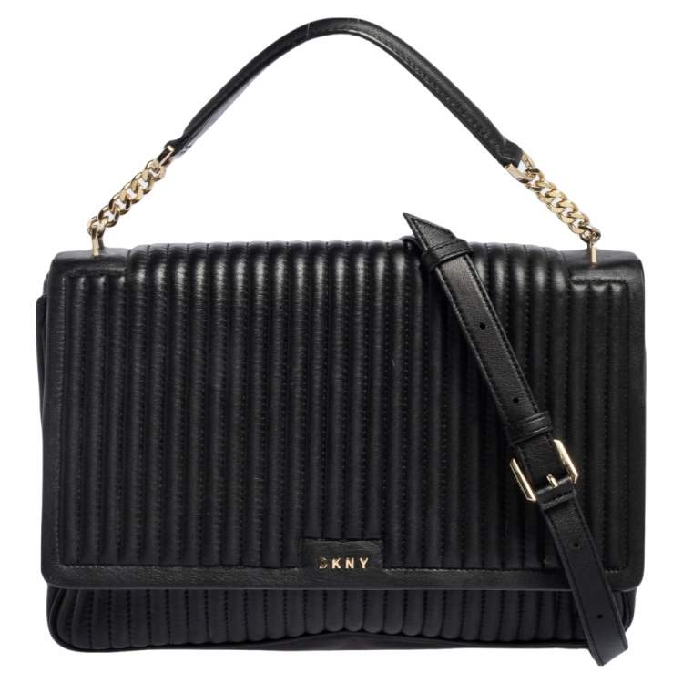 Pre Owned  DKNY Black Pinstripe Quilted Leather Large Gansevoort Flap Shoulder Bag 