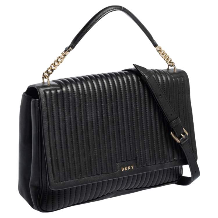 Pre Owned  DKNY Black Pinstripe Quilted Leather Large Gansevoort Flap Shoulder Bag 