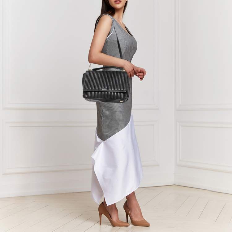 Pre Owned  DKNY Black Pinstripe Quilted Leather Large Gansevoort Flap Shoulder Bag 