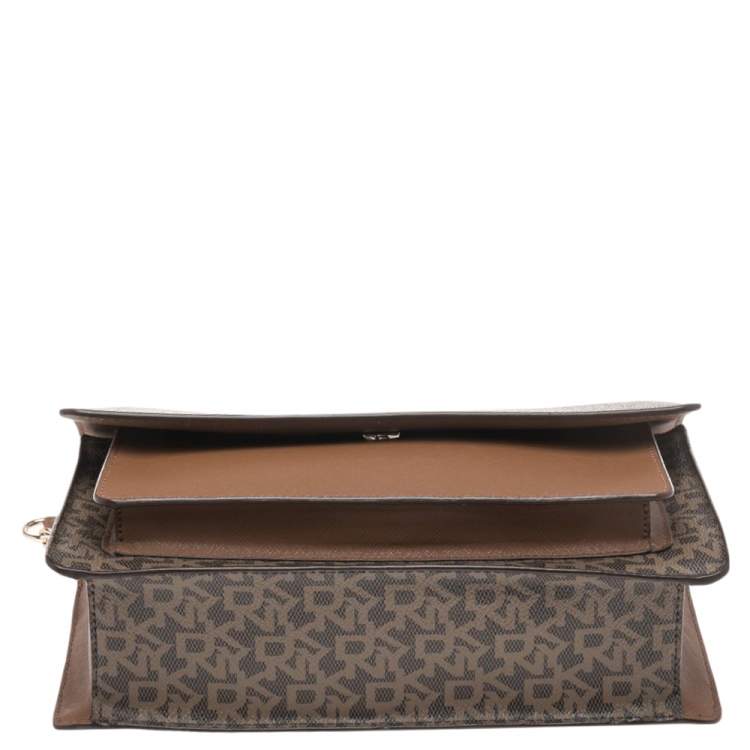 Pre Owned DKNY Beige/Brown Signature Coated Canvas and Leather Flap Chain Bag