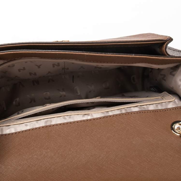 Pre Owned DKNY Beige/Brown Signature Coated Canvas and Leather Flap Chain Bag