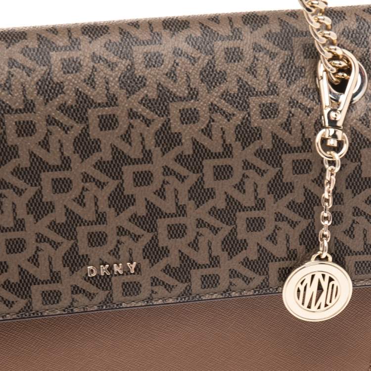 Pre Owned DKNY Beige/Brown Signature Coated Canvas and Leather Flap Chain Bag