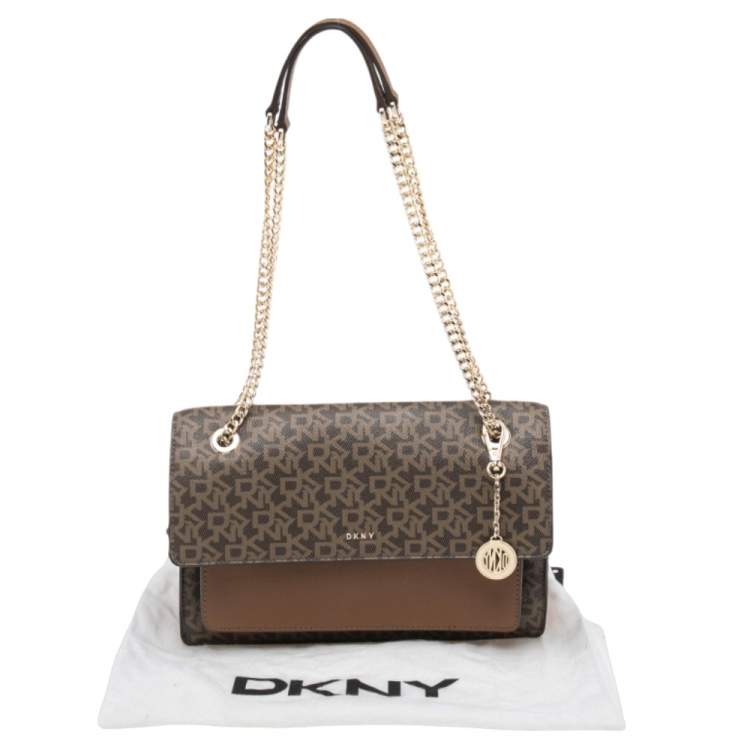 Pre Owned DKNY Beige/Brown Signature Coated Canvas and Leather Flap Chain Bag