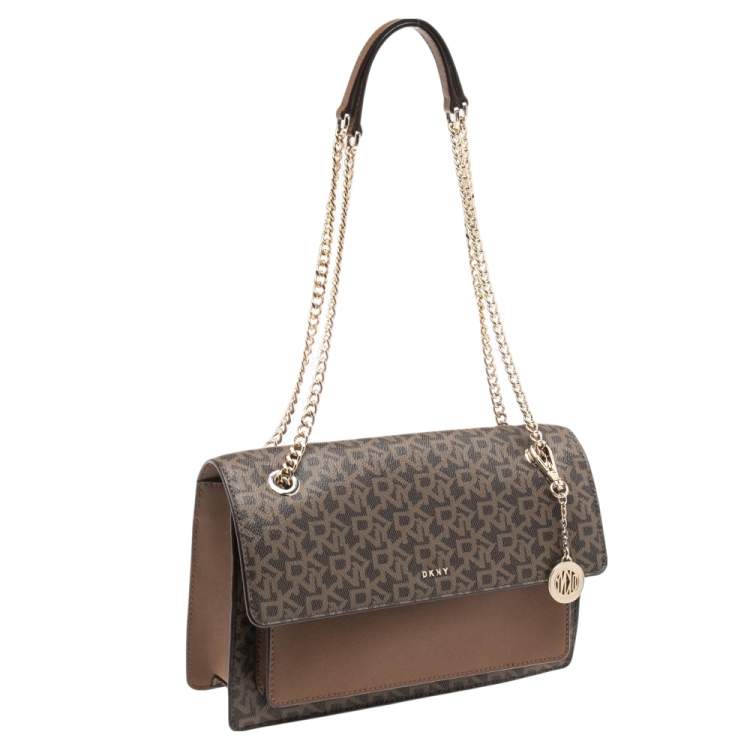Pre Owned DKNY Beige/Brown Signature Coated Canvas and Leather Flap Chain Bag