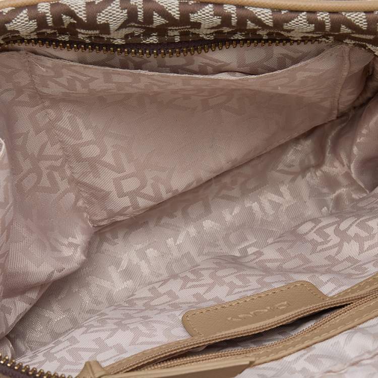Pre Owned DKNY Beige/Brown Signature Canvas and Leather Crossbody Bag
