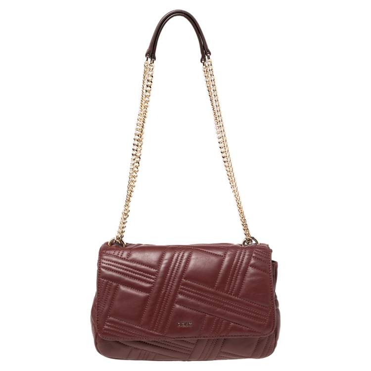 Pre Owned DKNY Burgundy Quilted Leather Flap Chain Shoulder Bag