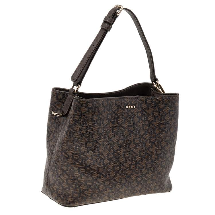 Pre Owned DKNY Brown Signature Coated Canvas and Leather Shoulder Bag