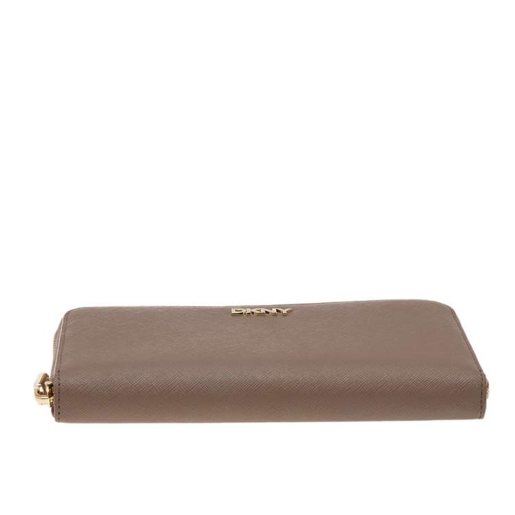 Pre Owned DKNY Dark Beige Saffiano Leather Bryant Park Zip Around Wallet