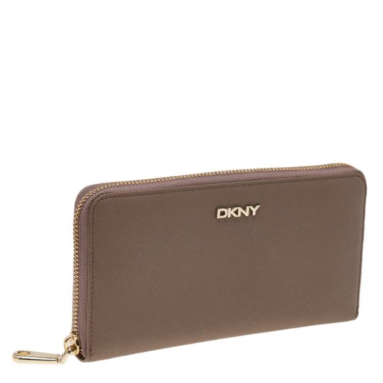 Pre Owned DKNY Dark Beige Saffiano Leather Bryant Park Zip Around Wallet