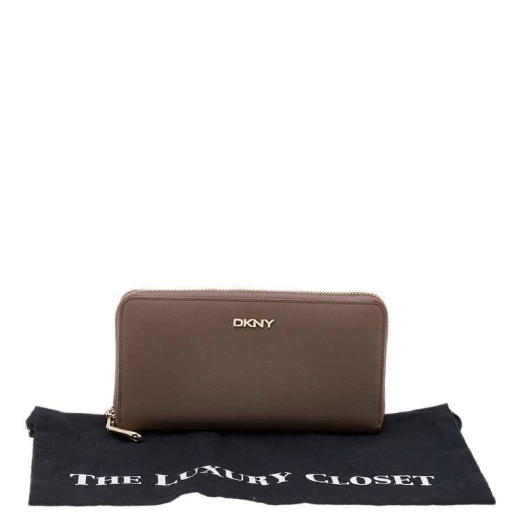 Pre Owned DKNY Dark Beige Saffiano Leather Bryant Park Zip Around Wallet