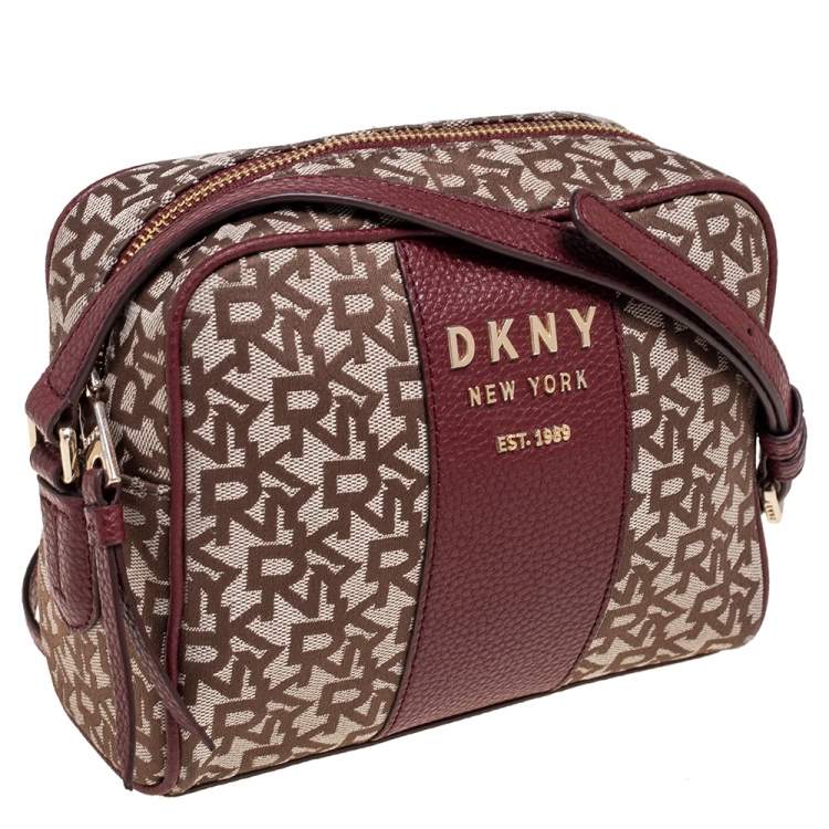 Pre Owned DKNY Burgundy/Beige Signature Canvas And Leather Noho Shoulder Bag