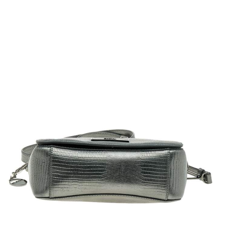 Pre Owned DKNY Metallic Dark Grey Lizard Embossed Leather Crossbody Bag