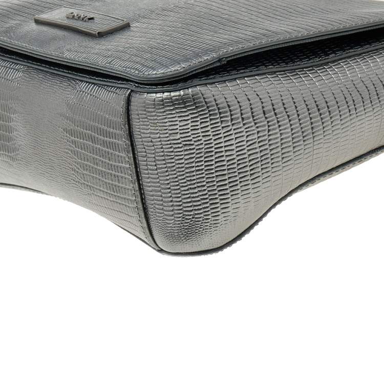 Pre Owned DKNY Metallic Dark Grey Lizard Embossed Leather Crossbody Bag