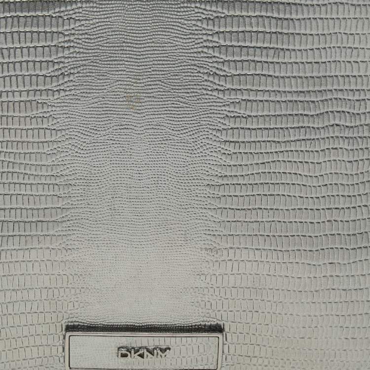 Pre Owned DKNY Metallic Dark Grey Lizard Embossed Leather Crossbody Bag