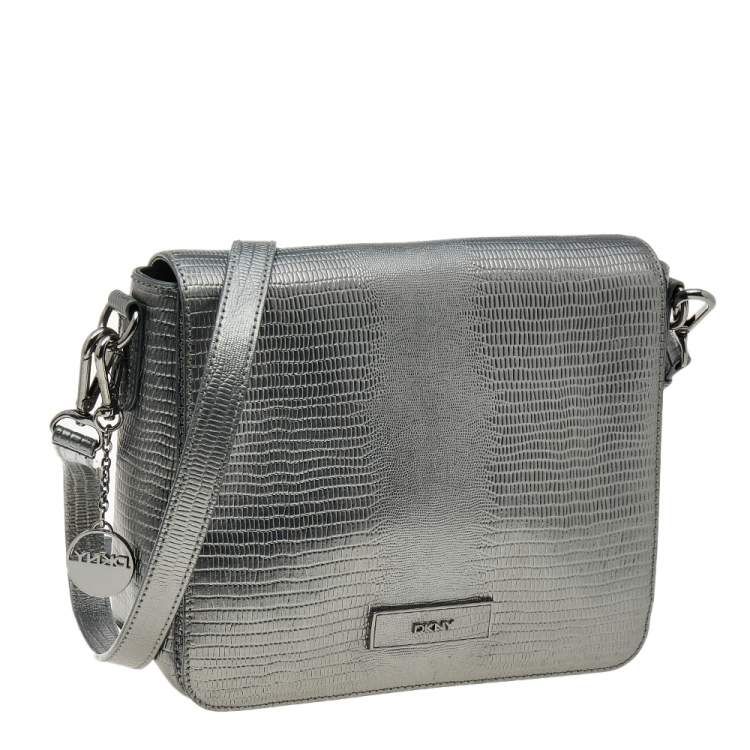 Pre Owned DKNY Metallic Dark Grey Lizard Embossed Leather Crossbody Bag
