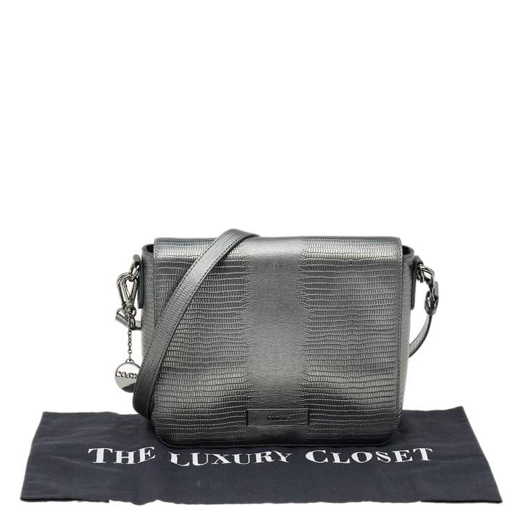 Pre Owned DKNY Metallic Dark Grey Lizard Embossed Leather Crossbody Bag