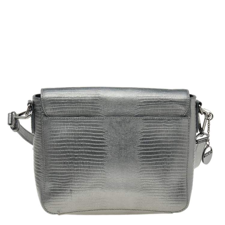 Pre Owned DKNY Metallic Dark Grey Lizard Embossed Leather Crossbody Bag