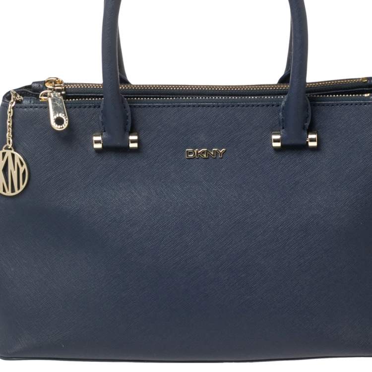Pre Owned DKNY Navy Blue Saffiano Leather Double Zip Tote