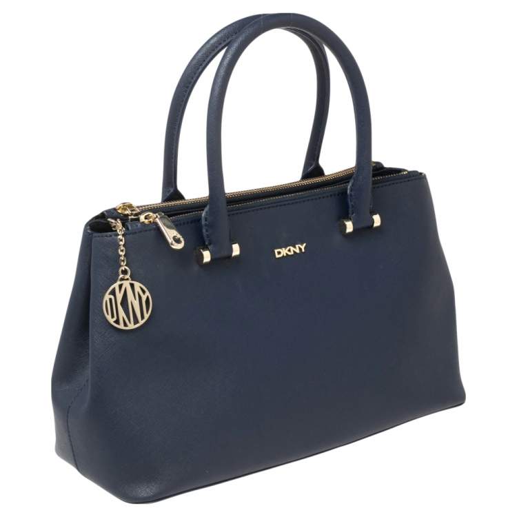 Pre Owned DKNY Navy Blue Saffiano Leather Double Zip Tote