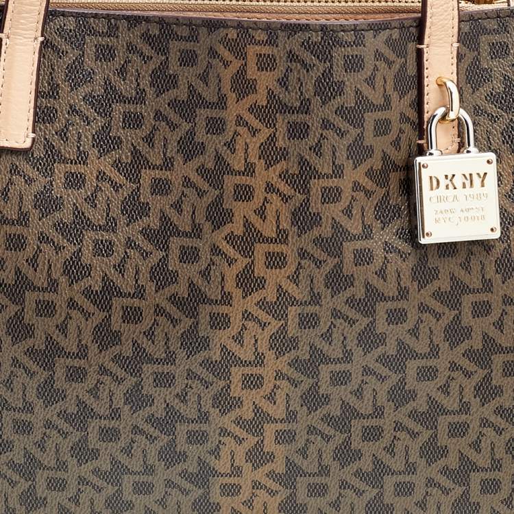 Pre Owned DKNY Brown/Beige Signature Coated Canvas and Leather Tote
