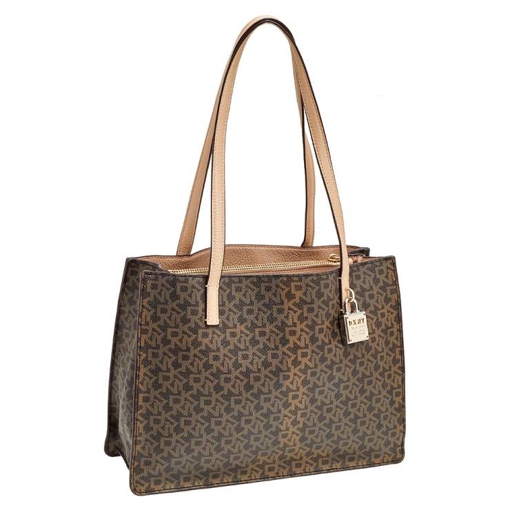 Pre Owned DKNY Brown/Beige Signature Coated Canvas and Leather Tote