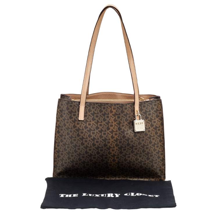Pre Owned DKNY Brown/Beige Signature Coated Canvas and Leather Tote