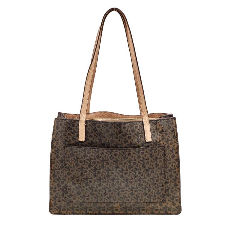 Pre Owned DKNY Brown/Beige Signature Coated Canvas and Leather Tote