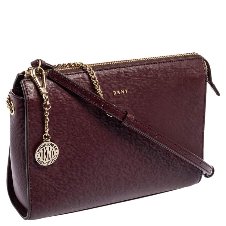 Pre Owned DKNY Burgundy Leather Top Zip Shoulder Bag