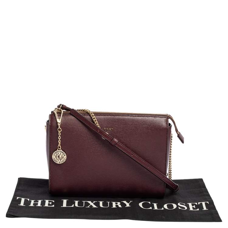 Pre Owned DKNY Burgundy Leather Top Zip Shoulder Bag